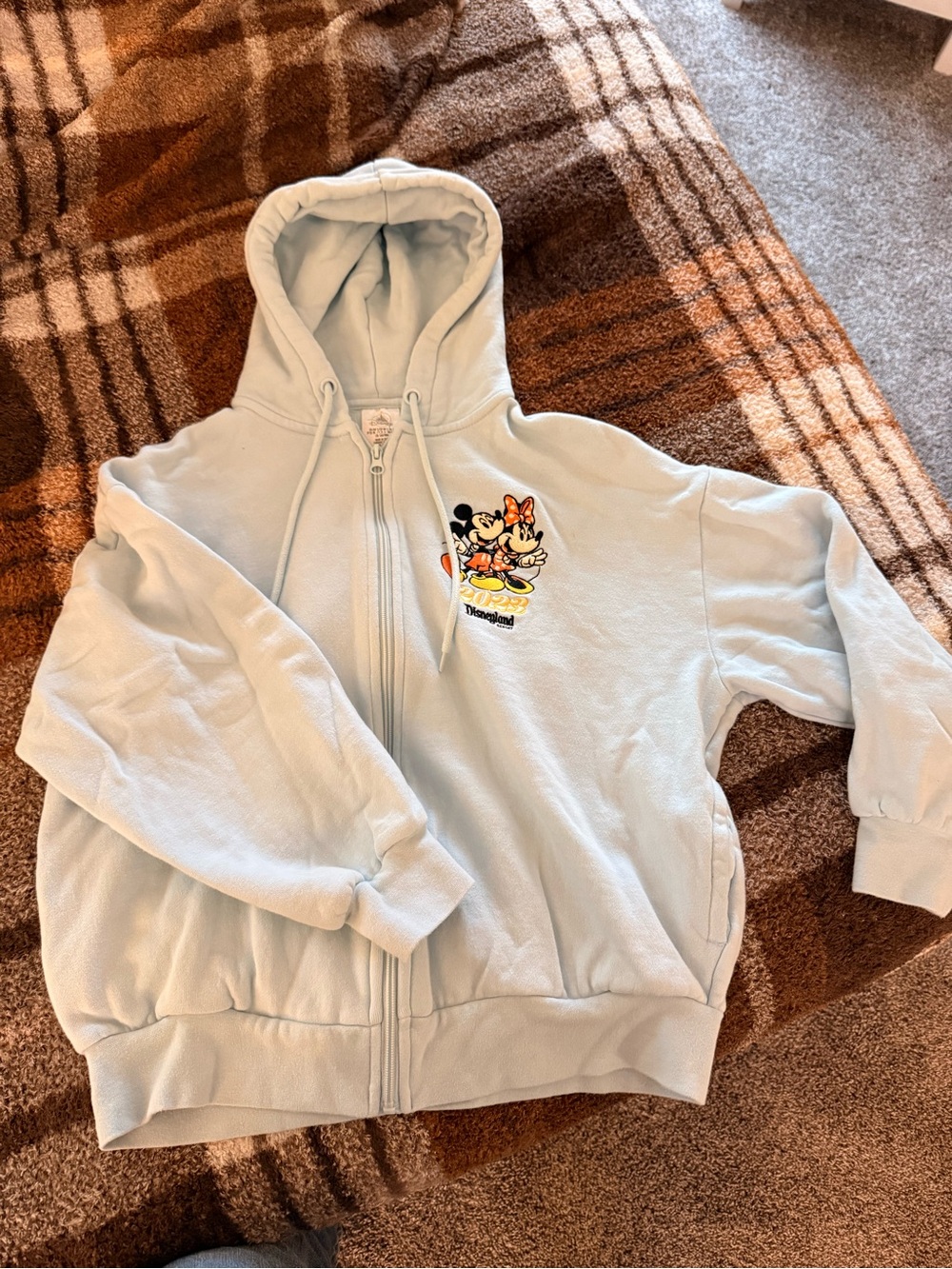 Disneyland Light Blue Kids Zip-Up Hoodie with Mickey & Minnie Patch year 2023